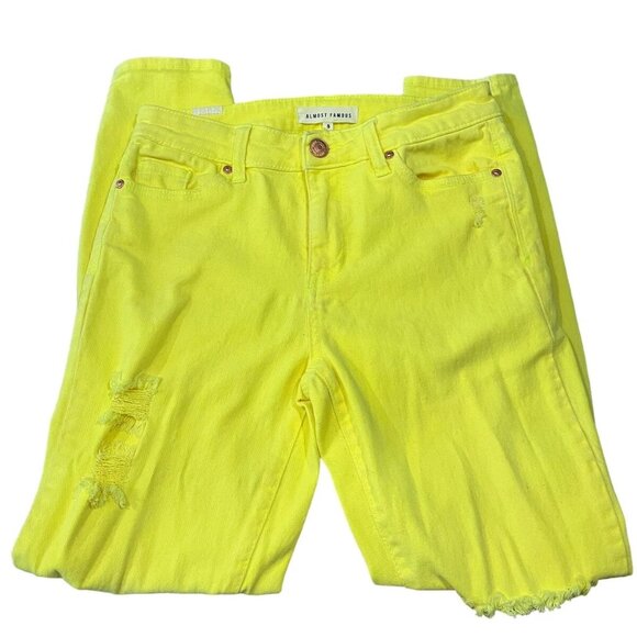 Almost Famous Jeans 5 Neon Yellow Distressed Denim Raw Hem Juniors - Picture 1 of 7